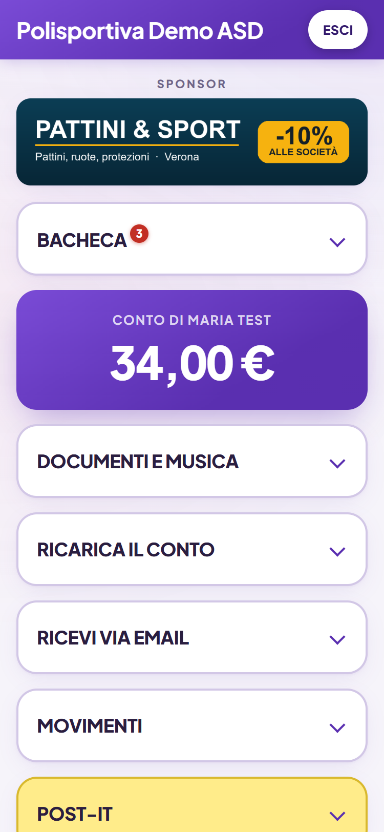 La pagina della famiglia in CodeGp: sponsor, bacheca della scuola, conto e le card che si aprono con un tocco