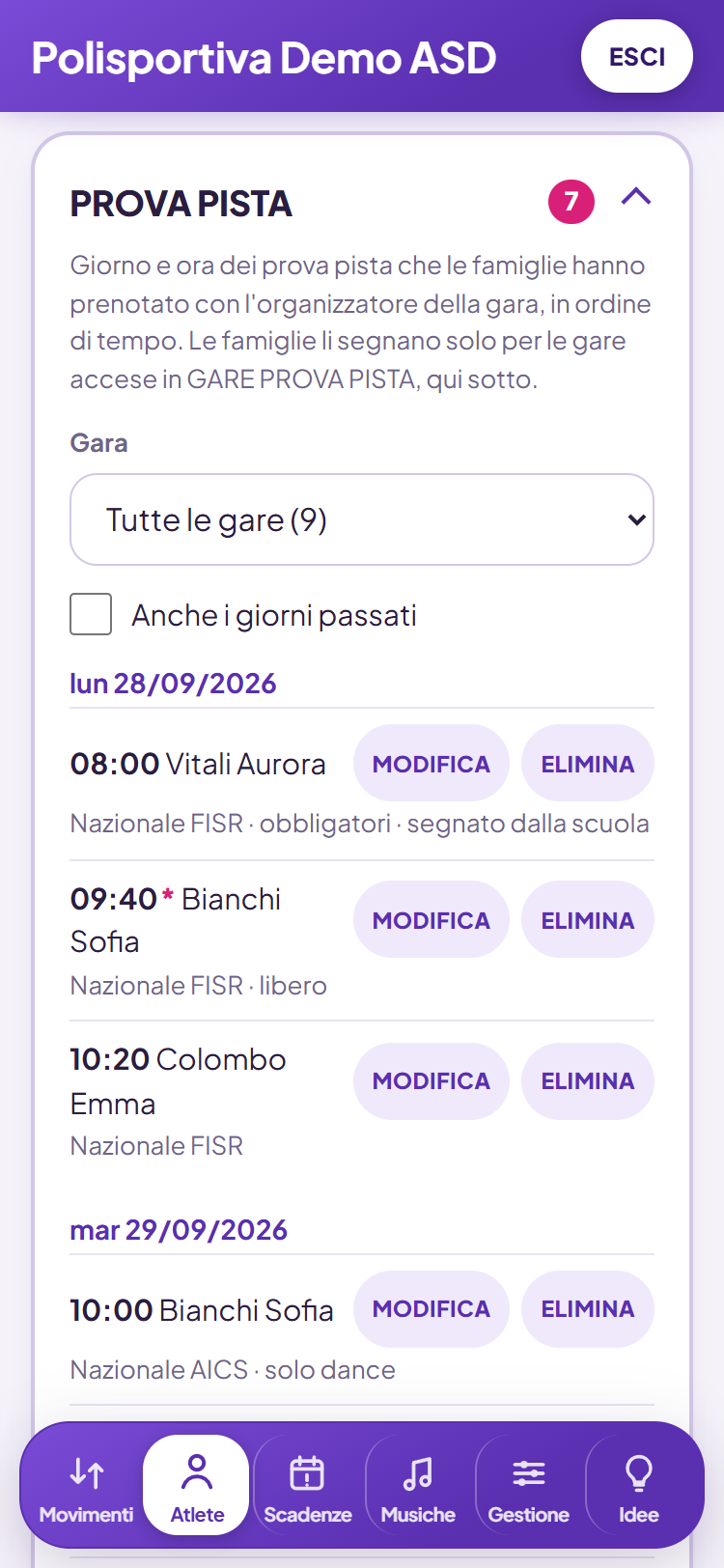 Tutti i prova pista in ordine di giorno e ora, anche in PDF da portare in pista