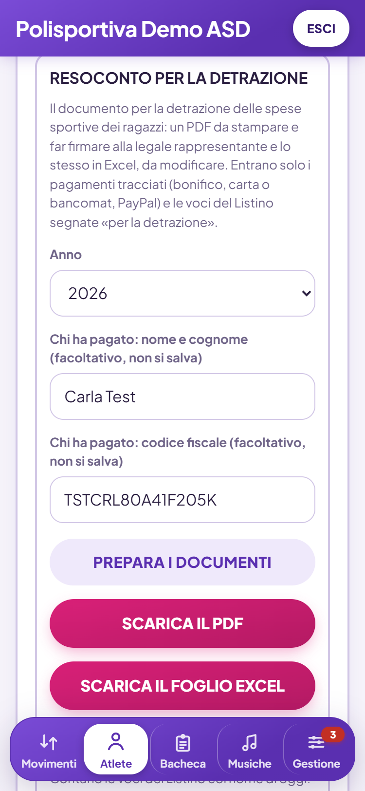 Dalla scheda dell'atleta: scegli l'anno e prepari PDF ed Excel