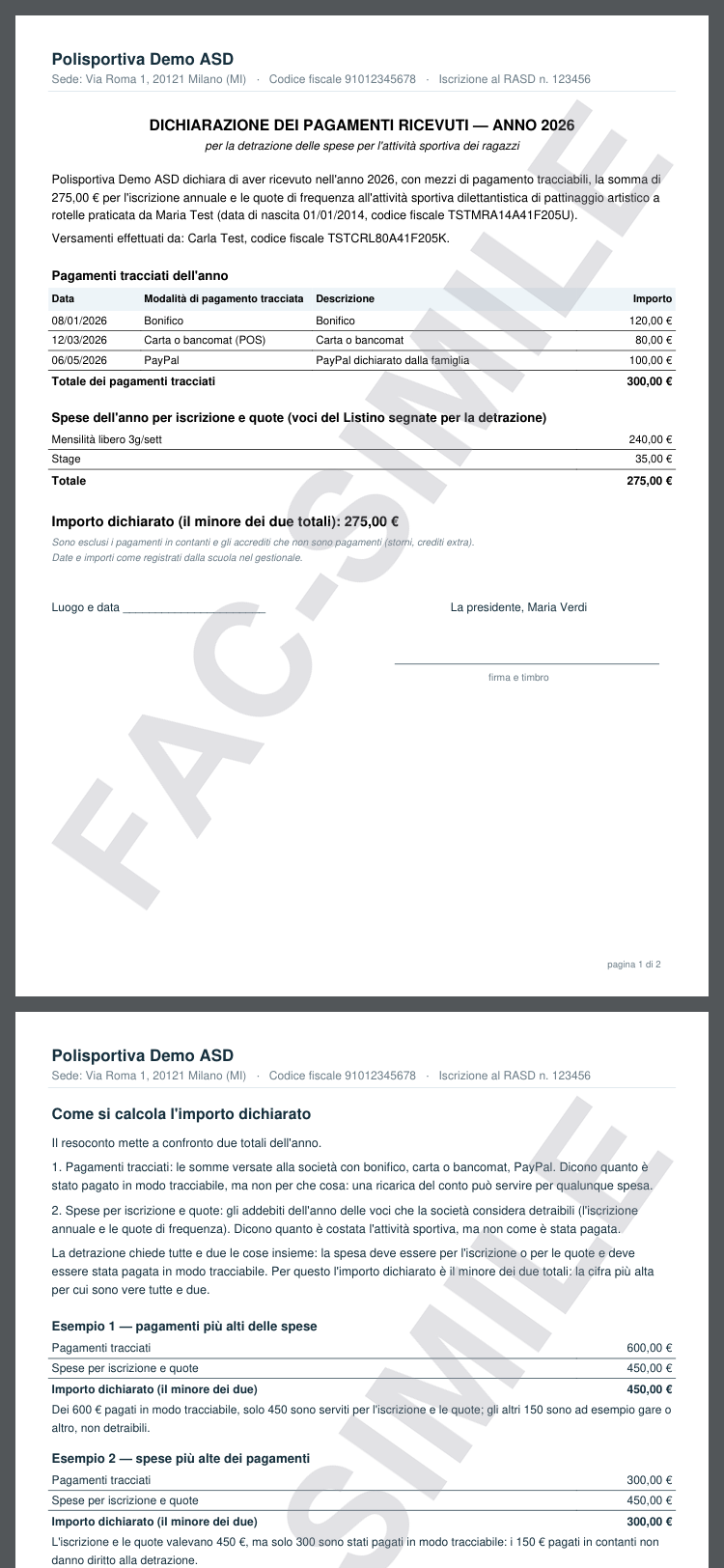 Il PDF da firmare, con l'importo già calcolato sui pagamenti tracciati